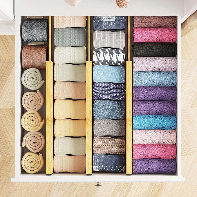 SpaceAid Bamboo Dresser Drawer Dividers 6 Pack, 4.65“ High Adjustable 12.5“-17” Drawer Organizers, Expandable Organization for Clothing, Clothes, Dressers, Natural - Image 4
