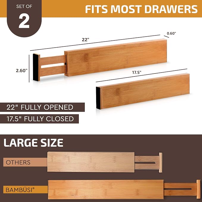 Adjustable Bamboo Drawer Divider Organizers - Fits Large Drawers Sized 17.5" Upto 22"- Expandable Kitchen Drawer Organizer Separators for Utensils, Dresser, Clothes, Bedroom, Bathroom 2-Pack, Natural - Image 3