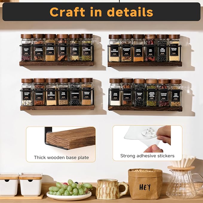 2-Tier Wall Mount Spice Rack Organizer - Screw/Adhesive Mount, Black Metal & Wood Spice Storage for Kitchen Pantry Cabinet, 11.6”L x 2.4”W x 3.2”H,Spice Jars Not Included - Image 5
