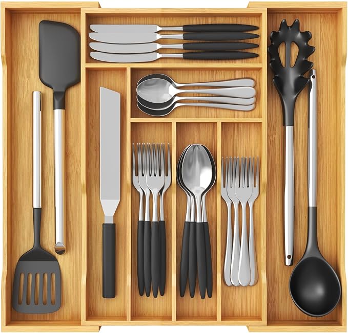 Lifewit Silverware Drawer Organizer, Wooden Utensil Tray for Kitchen | Expandable Flatware and Cutlery Holder, Adjustable Storage for Spoons Forks Knives, 10.2-18.1 x 16.7", Natural by Lifewit