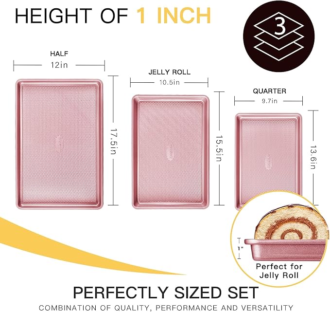 Baking Sheet Pan Set, Cookie Sheets for Oven, Nonstick Half/Quarter/Jelly Roll Pans with Diamond Texture Pattern, Heavy Duty Cookie Tray, Pink - Image 5