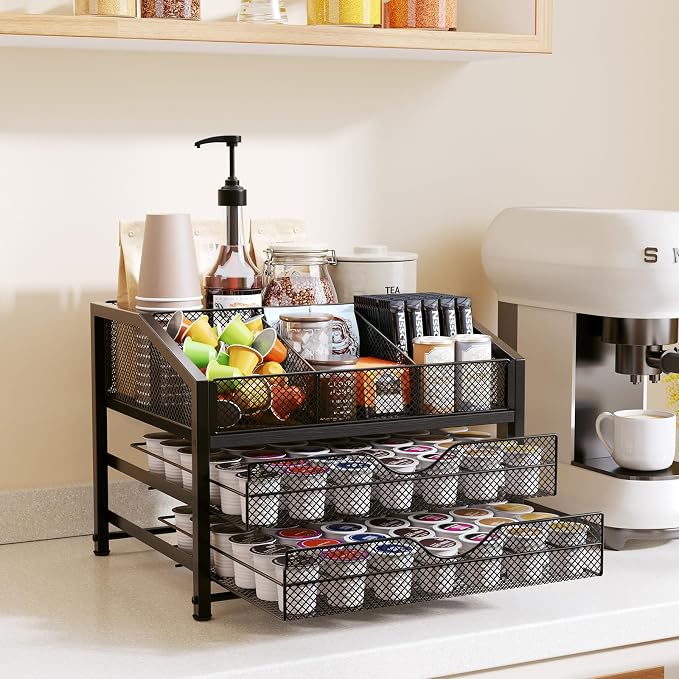 Coffee Bar Organizer - Coffee Station for Countertop, Metal and Wood K Cup holder Storage Basket for Syrup, Cups, Stirrer, Condiment, Tea Organizer, Black - Image 8