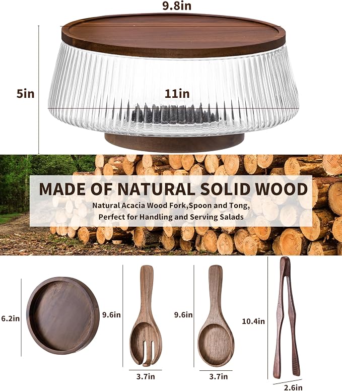 Extra Large Glass Salad Bowl Set, 4.8Qt Mixing Bowl with Acacia Wood Lid, Base and Salad Serving Utensils, Ribbed Serving Bowl Trifle Bowl, Practical Salad Bowls for Kitchen,Parties,Christmas - Image 3