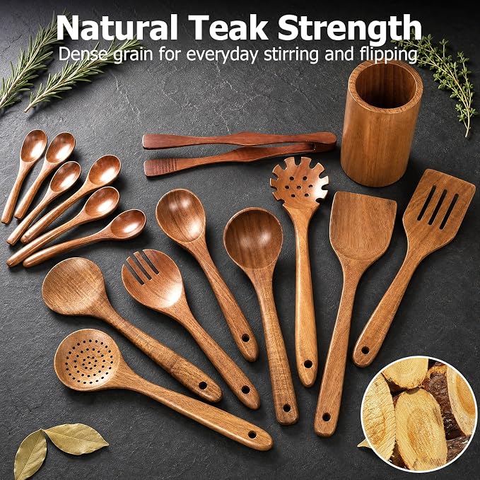 Wooden Spoons for Cooking, 16-Piece Wood Kitchen Utensil Set with Holder, Nonstick Safe Wooden Spatulas and Spoons, Smooth Cooking Utensils for Everyday Meals (A16) - Image 2