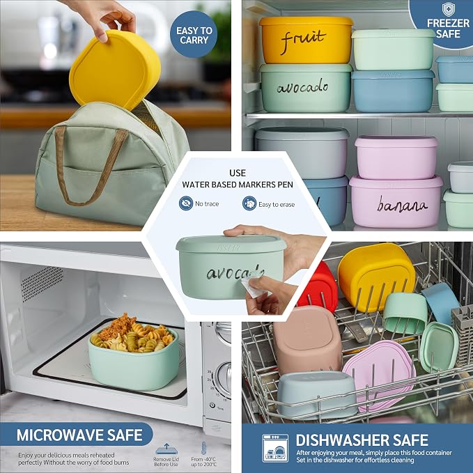 ISSEVE 12Pcs/Set Nesting Silicone Food Storage Containers with Lids | BPA-free, Reusable, Meal Prep Containers, Small Freezer Portions, Dishwasher Cleaning, Nested Cabinet Storage, 5 Sizes, Green - Image 6