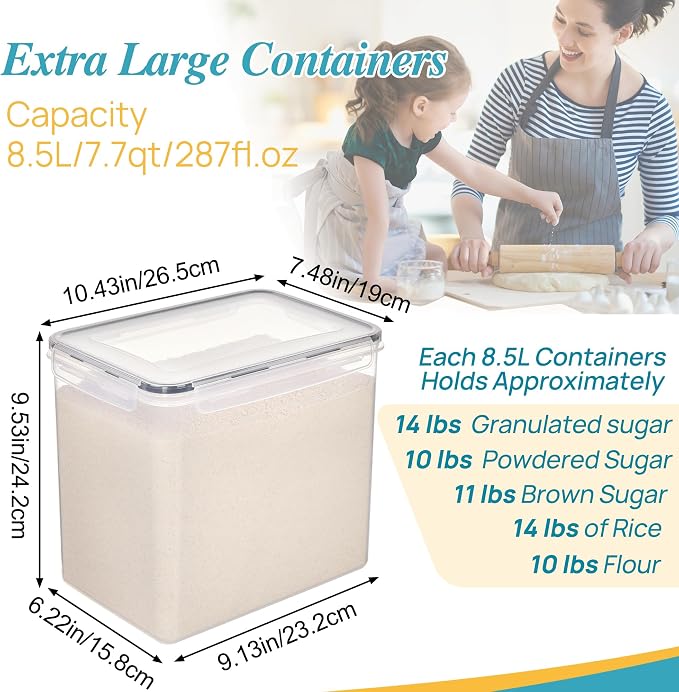 Vtopmart 8.5L Extra Large Flour Sugar Storage Containers, 2 PCS, Black | Each for 10 lbs Flour, Airtight Seal, BPA Free, Food Grade Material, Dishwasher Safe (Not Lids) - Image 2