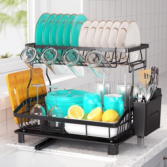 Dish Drying Rack - 2 Tier Large Capacity Dish Rack- Dish Racks for Kitchen Counter with Drainboard, Rustproof Dish Drainer with Removable Utensil Holder,Cutting Board Holder,Cup Holder, Black by Ricobes