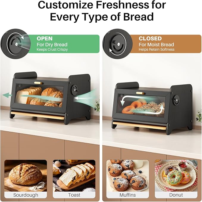SNTD Bread Box for Kitchen Countertop, Bamboo Cutting Board, 1 Tier, Black | Adjustable Vent Hole, Airtight Design, Natural Wood, Magnetic See-through Door, Metal Frame, Homemade Bread Storage Container - Image 4