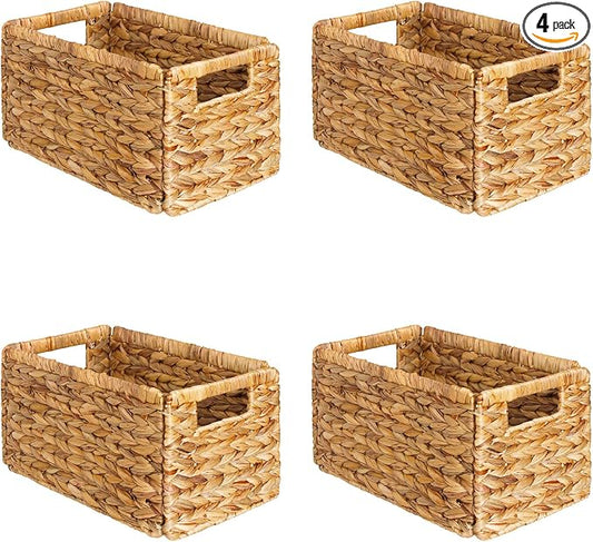 SpaceAid 4 Pack Wicker Basket, Storage Baskets for Organizing, Woven Rattan Basket with Handles for Shelves, Water Hyacinth Large Cube Organizer Storage Bin, 13x8.2x7 inch, Natural by SpaceAid