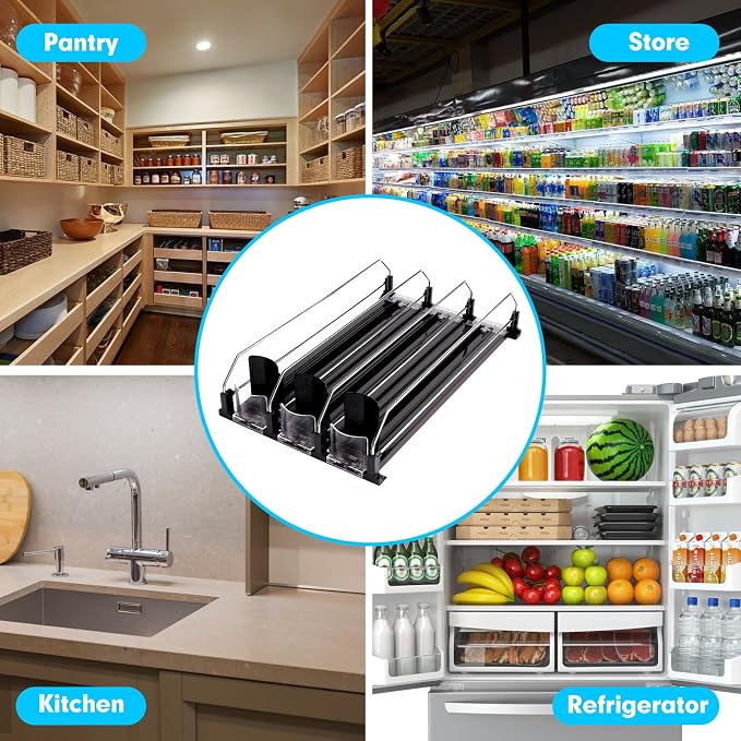 Drink Dispenser for Refrigerator, Self-Pushing Soda Can Organizer for Fridge, 3 Rows has been Assembled, Automatic Can Organizer with Spring Loaded for Refrigerator Holds 15 cans, Black - Image 5