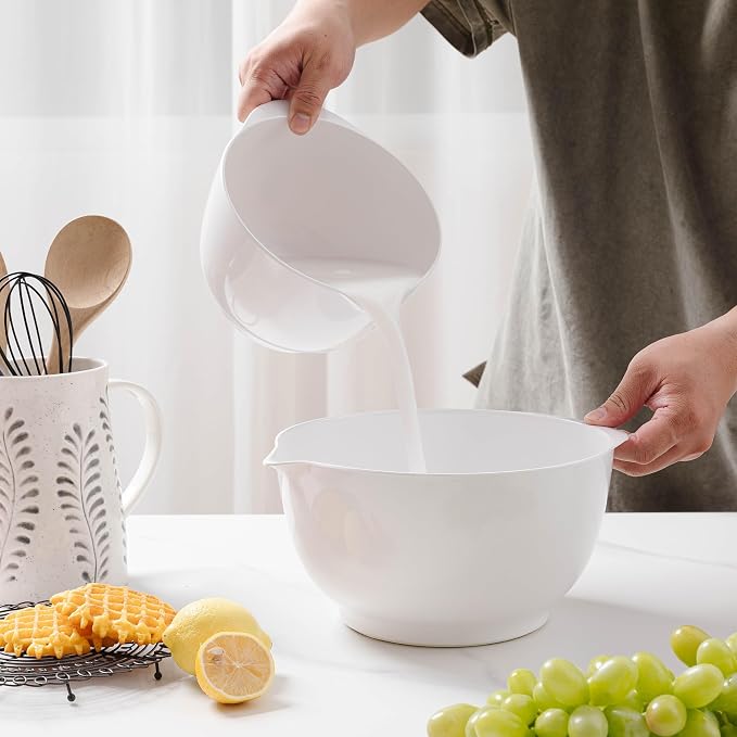 Nesting Mixing Bowls Set, 3 Piece Melamine Bowls Set, 2.5 quart, 3.5 quart, 4.5 quart, Non Slip Base with Easy Pour Spout, Kitchen Cooking and Baking Supplies, White - Image 5