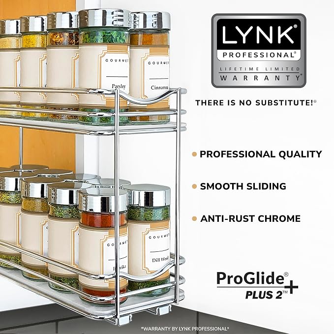 LYNK PROFESSIONAL® Pull Out Spice Organization for Cabinets - 4-3/8 inch Wide – Spice Rack for Inside Cabinets, Slide Out Spice Rack Organizer for cabinet – Pull Out Spice Rack, Sliding 2 Tier Chrome - Image 2