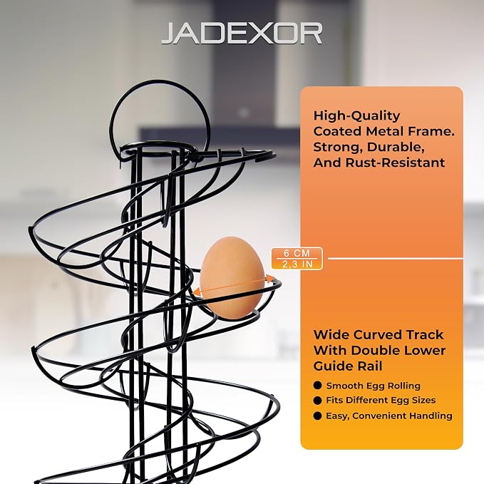 Egg Holder – Black Metal Spiral Egg Skelter with 360° Free-Rotating Spiral, Wide Stable Base, Countertop Egg Organizer - Image 7
