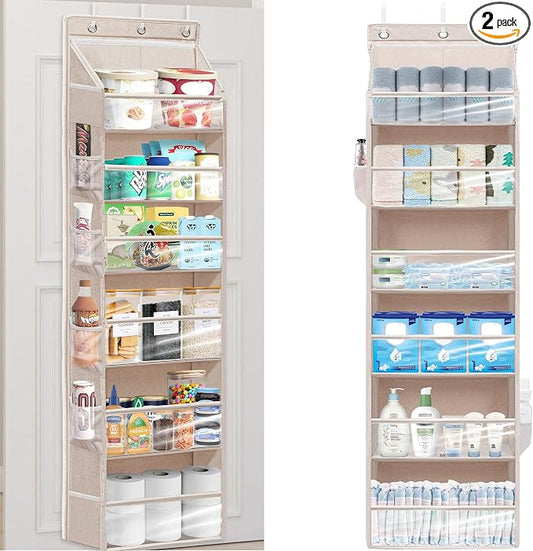 Over Door Organizer with 6 Extra Large Pockets 12 Side Pockets, 2-Pack Sturdy Closet Rack, Hanging Storage Organizer with Clear Window for Shoes, Diapers, Bedroom, Bathroom, Beige by Unknown