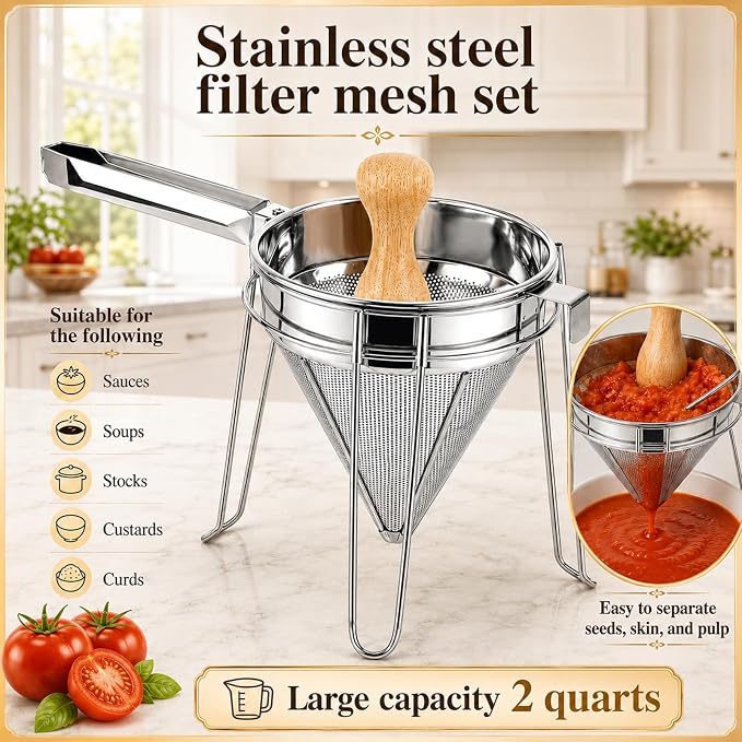 Chinois Strainer Set with Stand & Pestle, China Cap Strainer for Sauces | Stainless Steel Fine Mesh Cone Sieve for Soups, Stocks, Tomato Puree and Jam, with Stand and Wooden Pestle Included - Image 3
