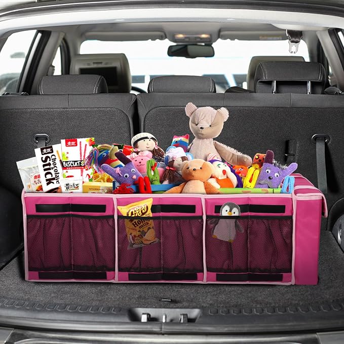 Collapsible Trunk Organizer with Insulated Leakproof Cooler Bag,Removable Lid,Adjustable Securing Straps,3 Compartments Trunk Organizer for SUV,Truck,Sedan(Pink) - Image 2