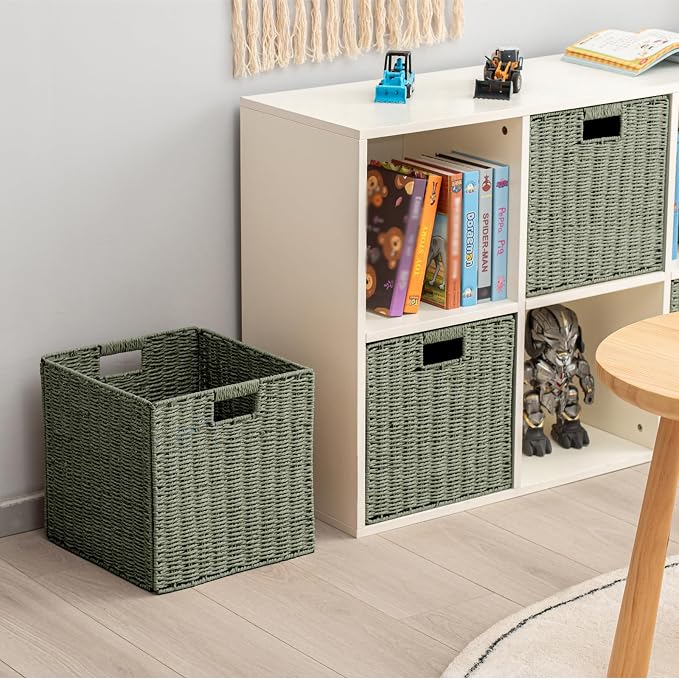 Handwoven Paper Woven Cube Basket Organizer with Handles set of 4 Foldable Storage baskets for Bedroom Living Room Cubby Storage Units for Clothes Books Toys (Green, 13" L x 13" W x 13" H) - Image 4