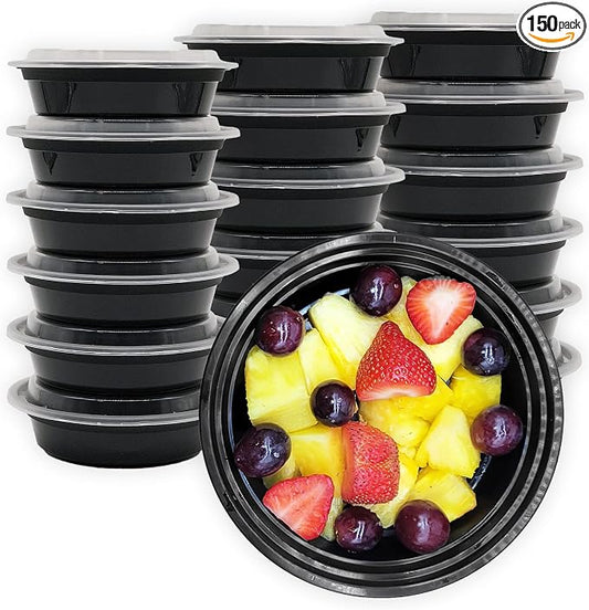 MULMEHË Plastic Meal Prep Take-Out Container and Lid Combo, 24 oz, Microwaveable, Round, Black, 7x1.5”, Set of 150 by MULMEH%C3%8B%C2%AE