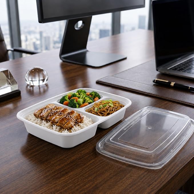 Asporto 26 Ounce Compartment Take Out Boxes, 50 Microwavable Meal Prep Containers - 3 Compartments, With Clear Plastic Lids, White Plastic Food Containers, Do Not Contain BPA - Restaurantware - Image 3