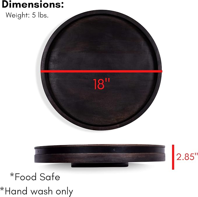 BIRDROCK HOME Wooden Lazy Susan Turntable - Spice Rack Organizer for Kitchen Table, Dining, Pantry and Countertop - Rotating Tray for Condiments - with Burnished Iron Accents - 18" Large, Black - Image 4