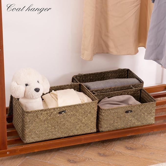 Nonam Seagrass Storage Baskets with Lid Set of 3,Wicker Basket Storage Bin for Shelves,Rectangular,Boho Decor,Handwoven Shelf Basket for Organizing-Storage Container Box for Home Organization-Coffee - Image 6