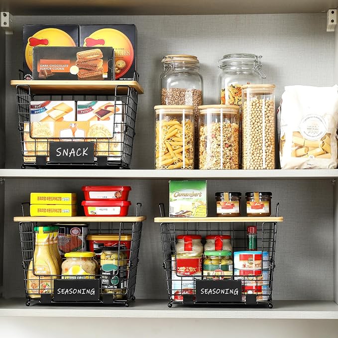 2 Set Large Stackable Wire Basket with Bamboo Tops & Tag- Pantry Organizer and Storage Bins, Kitchen Counter Cabinet Shelf Countertop Under Sink Organizing for Food Snack Produce Onion Potato Bread - Image 2