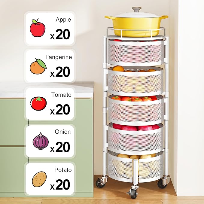 SNTD Fruit and Vegetable Basket Bowls for Kitchen with Metal Top Lid, 5 Tier Rotating Storage Rack Cart for Potato Onion Banana, Wire Basket Organizer on Wheels, Large (White) - Image 5