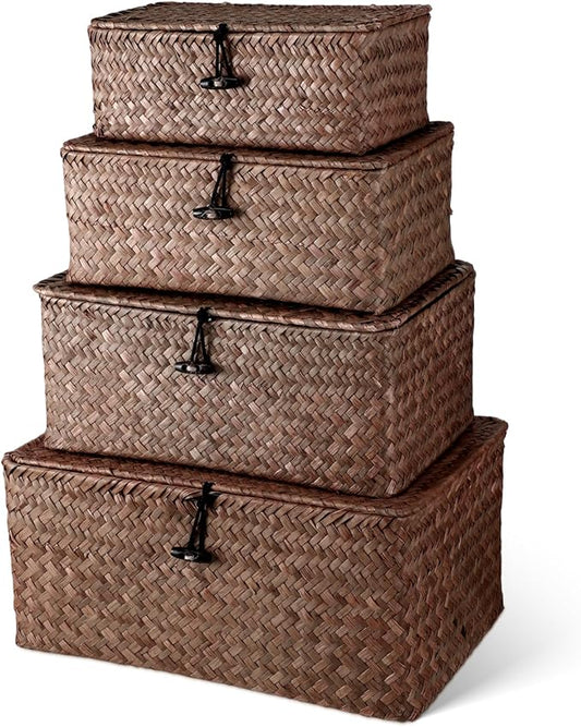 Woanger Set of 4 Wicker Baskets with Lids, Nautral Seagrass Storage Baskets, Woven Rectangular Basket Bins, Rattan Storage Organizer for Shelf Closet Bedroom(Coffee) by Woanger