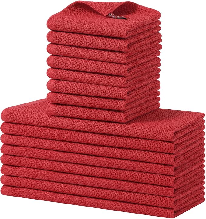 Homaxy 16 Pack 100% Cotton Kitchen Towels and Dishcloths Set, Red | 12 x 12 Inches and 13 x 28 Inches Kitchen Towels Set, Ultra Soft Absorbent Dish Cloths for Washing Dishes by Homaxy