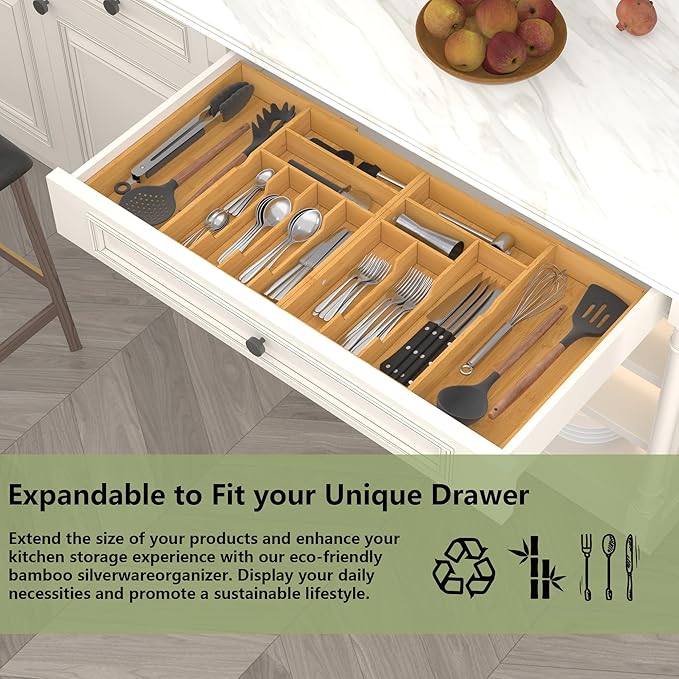 Suli Extra Large Silverware Drawer Organizer,Expandable 22in to 37in,Bamboo | 2.6in Deep,13 Slot,Removable Design,Expandable Utensil Tray for Kitchen Drawer,Big Adjustable Cooking Cutlery Flatware Holder - Image 4