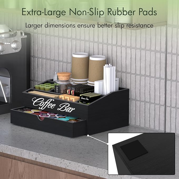 Suli 2-Tier Coffee Bar Station Organizer for Countertop,Extra large | Coffee Storage Basket for Kitchen Counter,Office,Hotel,Pod Holder with Drawer for Condiment Syrup,Tea Cup,Wooden,Rustic Black - Image 7
