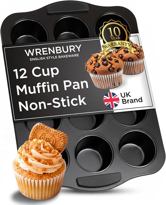 Wrenbury Muffin Pan 12 Cup Non-Stick – Deep Yorkshire Pudding Tin | PTFE & PFOA Free Carbon Steel, Warp Resistant Baking Tray for Evenly Baked Cupcakes by Wrenbury