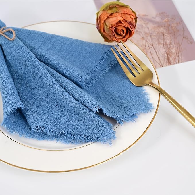 50 Pack Cyan Cloth Napkins, 16 x 16 Inch Cotton with Fringe Settings | Handmade washable reusable cotton dinner napkins in bulk for weddings, parties, rustic boho table settings - Image 6