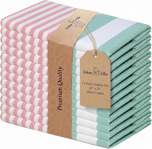 Urban Villa Cloth Napkins Cotton 20x20 (Set of 12) Ruby Green Stripes by CottonTrends