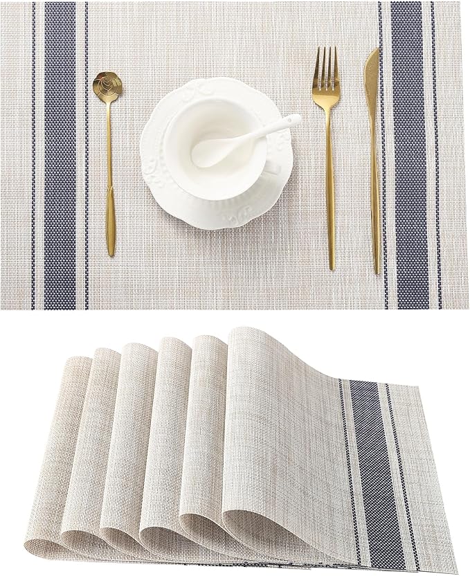 Leetaltree Khaki-Blue Placemats, Heat Resistant Non-Slip Place mats for Dining Table, Washable Durable PVC Vinyl Woven Table Mats (Set of 6) by Leetaltree-ArtatEveryTable