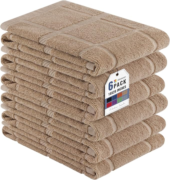 Homaxy 100% Cotton Kitchen Towels 18"x28", 6 Pack Dish Towels, Khaki | Large 380 GSM Soft and Absorbent Kitchen Hand Towels with Terry Grid Design, Utility Tea Towel Set with Hanging Loop by Homaxy