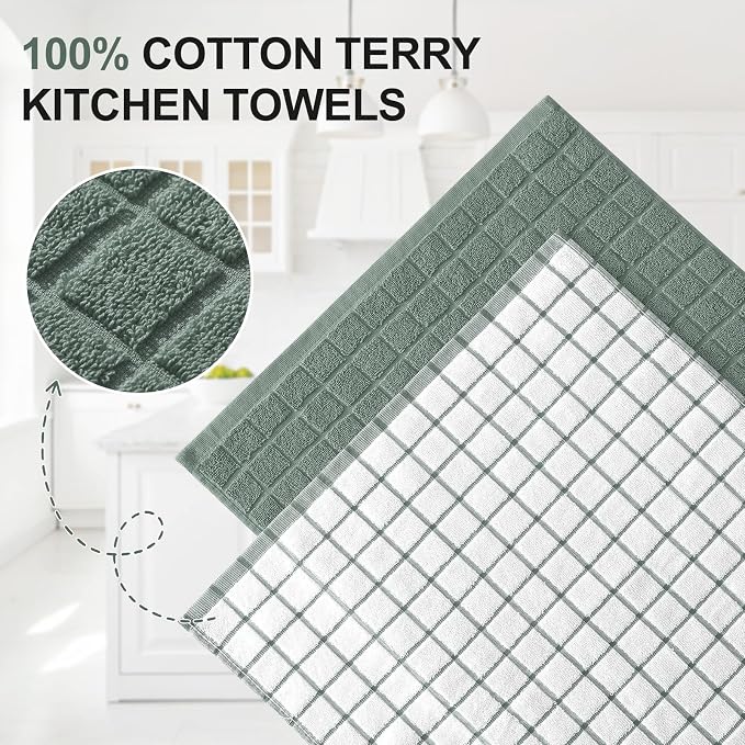 Homaxy Large Premium Cotton Kitchen Towels 16"x 28", 12 Pack, Sage Green | Natural Ring Spun 390 GSM Dish Towels, Super Absorbent Terry Kitchen Hand Towels, Soft Tea Towels with Hanging Loop - Image 2