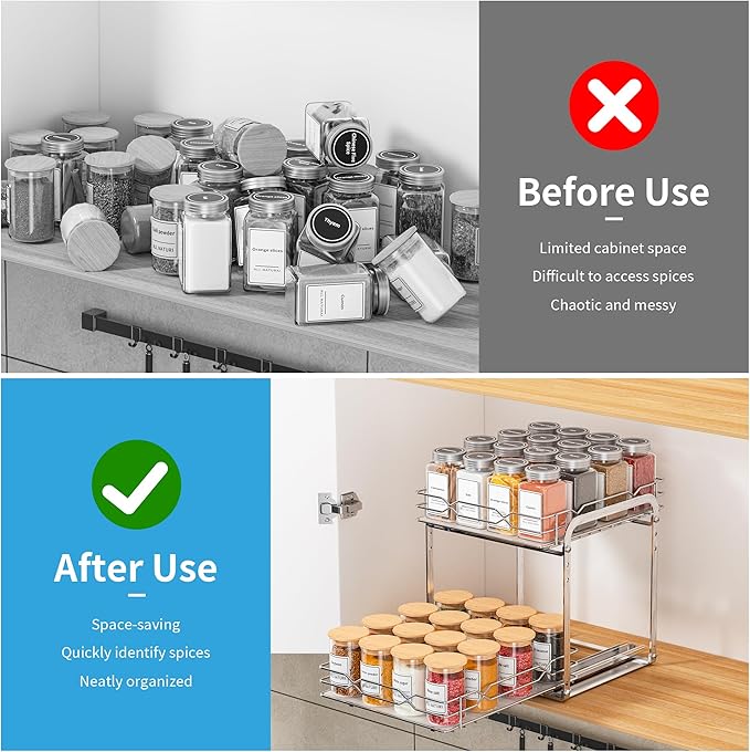 BOIVSHI Pull Out Spice Rack, 9.25" W x 10.39" D x 9.76" H | 2 Tier, Space-Saving, Spice Organization for Cabinet, Heavy Duty Metal Spice Organizer for Cabinet, Pantry, Kitchen - Image 5