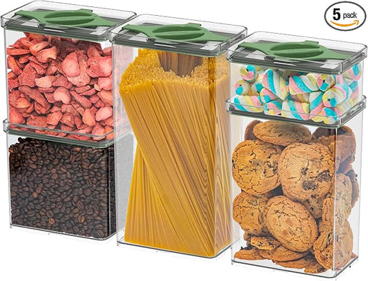 Airtight Pantry Storage Container 5 PC Set, Twist-Lock Lid, Green | 0.8qt, 1.9qt ×2, 3qt, 4qt Leakproof Detachable Lid for Easy Cleaning, Cereal, Pasta, Rice, Oats, Snack Storage BPA-free by Prestoor