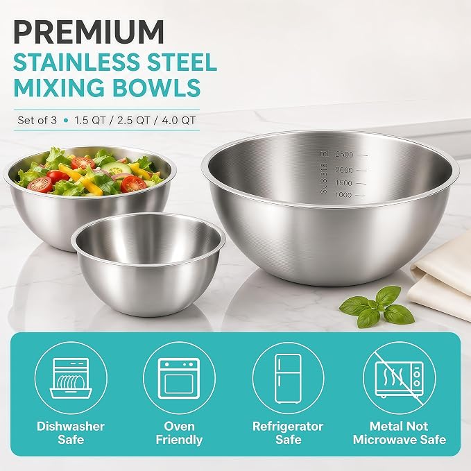 Stainless Steel Mixing Bowls Set of 3, 1.5/2.5/4 Qt Metal Mixing Bowl Set for Baking, Salad, Cooking & Meal Prep, Nesting Stainless Steel Bowls with Measurement Marks, Dishwasher Safe - Image 4