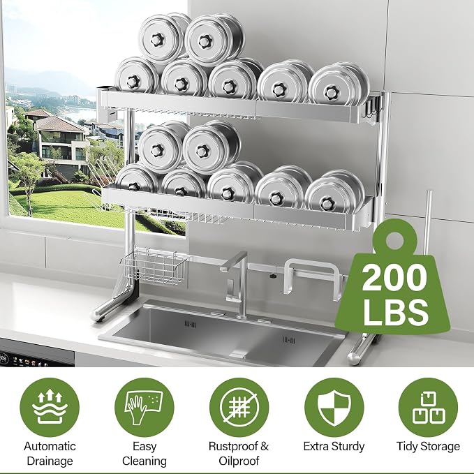 Over The Sink Dish Drainer Drying Rack 3 Tier, Full Stainless Steel Dish Drying Rack Adjustable Length 20.9''-37.4'', Kitchen Sink Shelf, Organized Space-Saving Dish Rack - Image 7