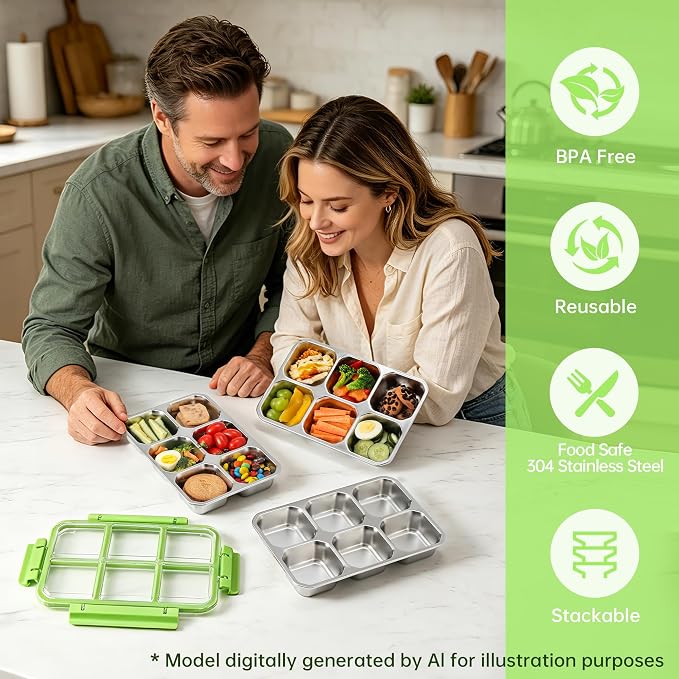 Stainless Steel Snack Containers with Lids, Lunchable Container 6 Compartment Snack Containers, Bento Lunch Box Divided Food Storage for Portion Control Meal Prep Reusable Snackle (2) - Image 7