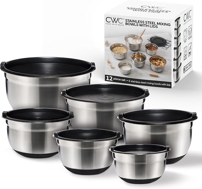 COOK WITH COLOR Stainless Steel Mixing Bowls Set with Lids - Nesting Bowls with Non-Slip Bottom, Black, 12 Pieces by CookwithColor