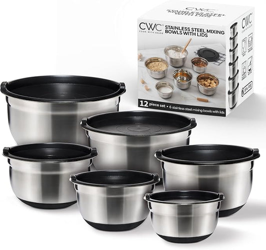 COOK WITH COLOR Stainless Steel Mixing Bowls Set with Lids - Nesting Bowls with Non-Slip Bottom, Black, 12 Pieces by CookwithColor