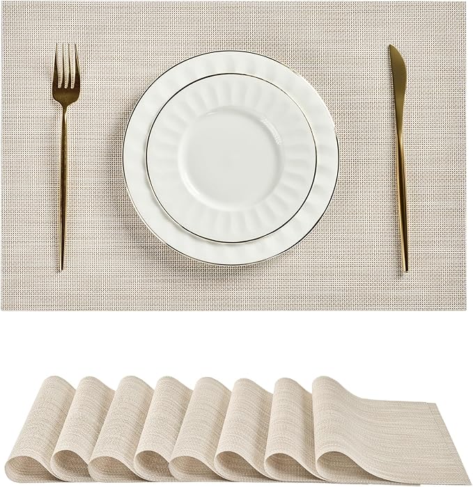 Leetaltree Beige White Placemats Set of 8 - Heat Resistant Non-Slip Place mats for Dining Table, Washable Durable PVC Vinyl Woven Table Mats(Beige White, 8) by Leetaltree-ArtatEveryTable
