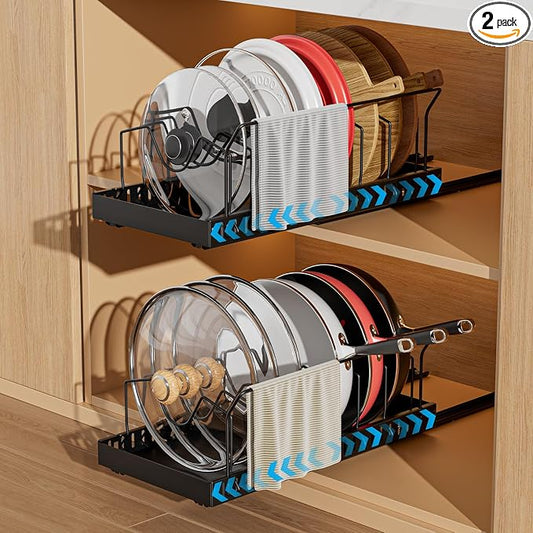 Black 2 Pack Pot Lid Organizer, Pull Out Cabinet Rack, 8 Dividers | 2-pack black carbon steel rack, 16 adjustable dividers, quiet slide rails, adhesive or screw mount for lids, pans, bakeware by WOSHEN