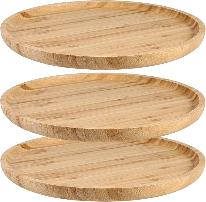 JOIKIT 3 Pack 12 Inch Bamboo Round Platter, Fine Polished Round Wood Plates Bamboo Serving Tray for Holding Fruit, Bread, Cheese, Nut, Coffee, Tea, Plant Saucer by JOIKIT