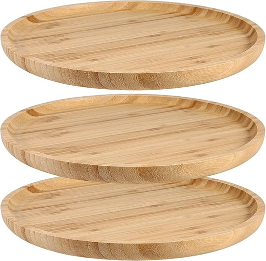 JOIKIT 3 Pack 12 Inch Bamboo Round Platter, Fine Polished Round Wood Plates Bamboo Serving Tray for Holding Fruit, Bread, Cheese, Nut, Coffee, Tea, Plant Saucer by JOIKIT