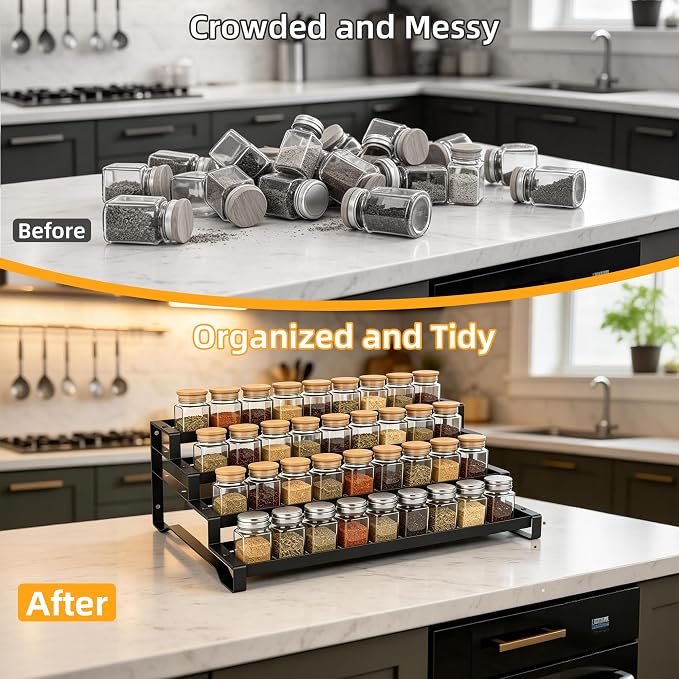 Spice Rack Organizer for Cabinet, 13-21.5" Expandable Spicy Shelf | 11.6" Depth 4-Tier Black Metal Seasoning Organizer, Kitchen Spice Organization, Slip-Resistant Guardrails for Jars and Cans - Image 4
