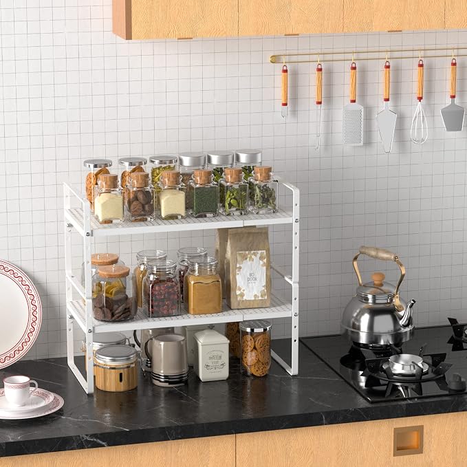 Redrubbit Expandable Cabinet Storage Shelf, Adjustable Height Steel Metal Kitchen Counter Organizers Shelves Spice Rack for Kitchen Pantry Bathroom Cupboard Desk Home Office, White-2 Pack - Image 4